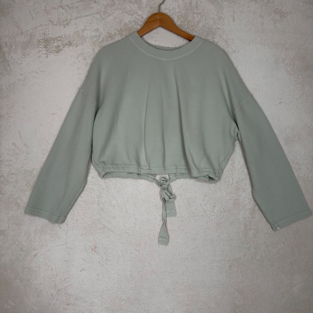 Fabletics Sage Green Waffle Knit Cropped Open Tie Back Sweatshirt Oversized S